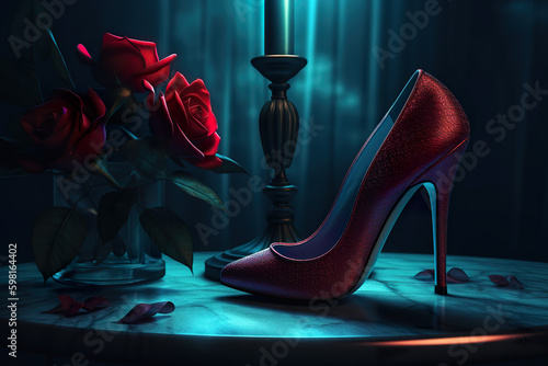 Black tango shoes, high heel stilettos on a black background decorated with rose flower. Dark cyan and red background, AI generative. photo