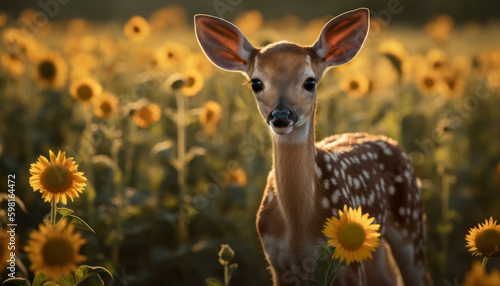 Generative AI. White Tailed Fawn with spots.  In the Golden Hour: Capturing the Beauty of a Fawn in a Sunflower Field.  Generative AI. © touchedbylight