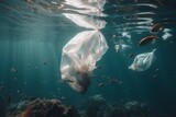 plastic bag floating in the middle of many fish, sea pollution problem for wildlife, underwater view ocean contamination, generative AI