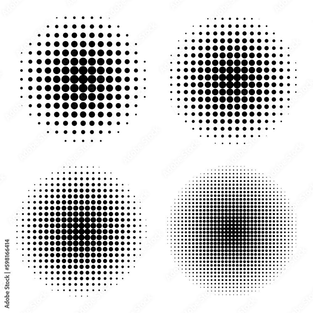 Black halftone spots. Gradient circle background. Design element. Vector illustration. 