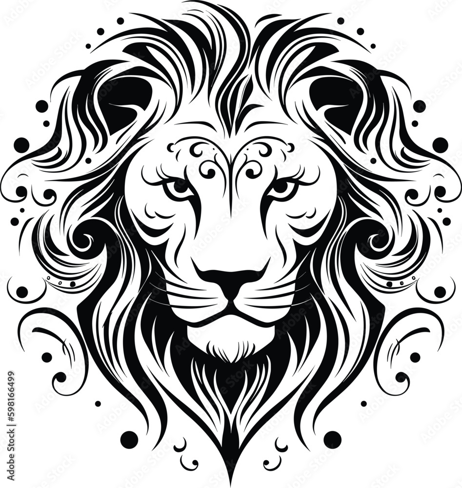 Lion head line art tattoo isolated black and white Vector illustration