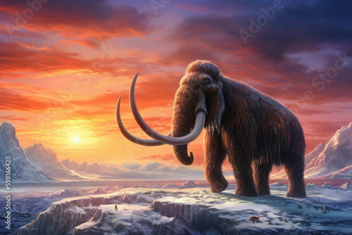 A vibrant sunset illuminating a standing iceencrusted mammoth.. AI generation. Generative AI