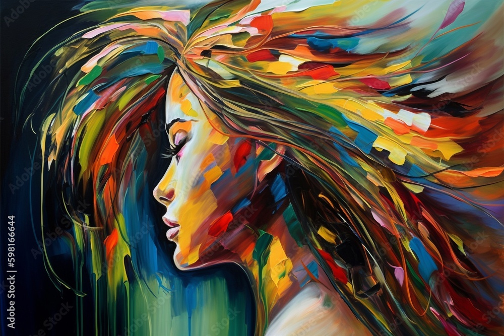 Kobieta Fryzura włosy abstrakcyjny kolorowy akrylowy Generative AI - obrazy, fototapety, plakaty 