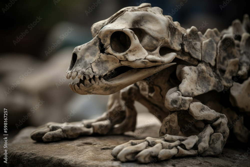 Obraz premium Crumbling bones of a prehistoric creature its muted whispers speaking of a time before us.. AI generation. Generative AI