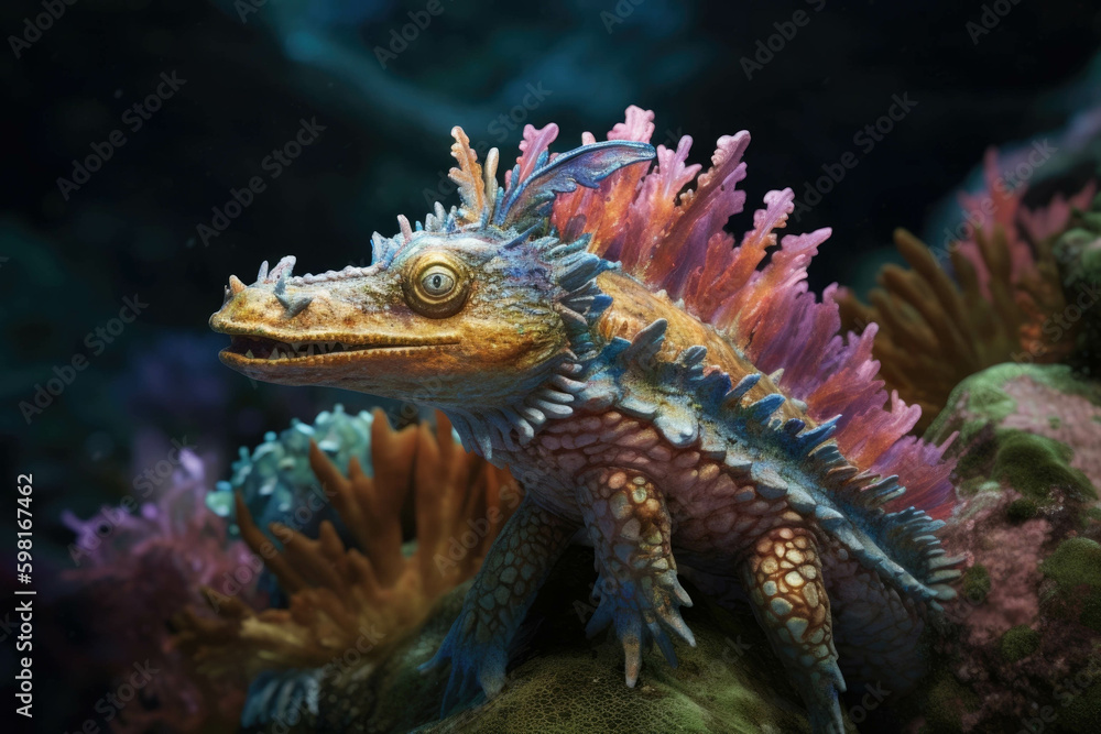 A colorful water dinosaur weaving its way through the coral with its tall frilled crest.. AI generation. Generative AI A colorful water dinosaur weaving its way through the coral with its tall frilled crest.. AI generation. Generative AI