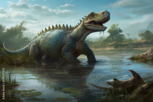 An enormous water dinosaur stretching its massive neck to its prey from the river.. AI generation. Generative AI