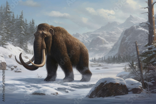An ancient Mammoth slowly lumbering along a frigid shoreline its tracks a winding trail in the snow.. AI generation. Generative AI