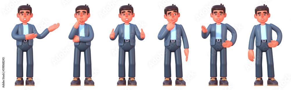 3d render of man in suit showing various emotions, poses. Cheerful 3d businessman set 3d render of man in suit showing various emotions, poses. Cheerful 3d businessman set