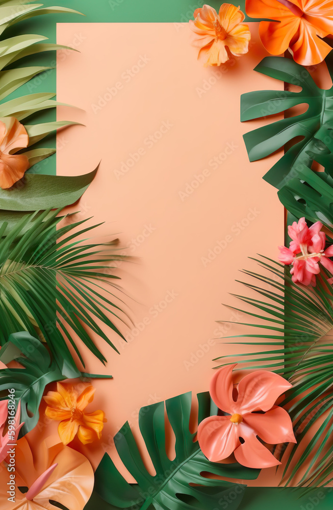 Frame of palm leaves and exotic flowers for summer advertisement, IA Generativa Frame of palm leaves and exotic flowers for summer advertisement, IA Generativa