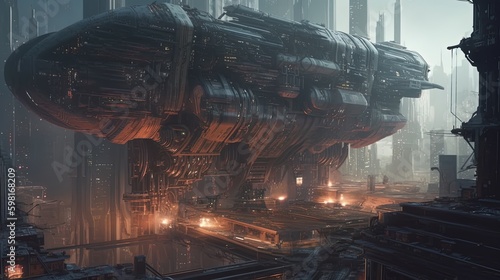 wartorn futuristic city with giant spaceship, digital art illustration, Generative AI