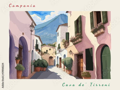 Cava de’ Tirreni: Italian vintage postcard with the name of the Italian city and an illustration photo