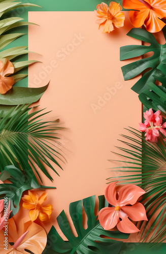  Frame of palm leaves and exotic flowers for summer advertisement, IA Generativa