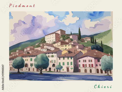 Foto Chieri: Italian vintage postcard with the name of the Italian city and an illust