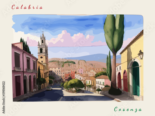 Cosenza: Italian vintage postcard with the name of the Italian city and an illustration photo