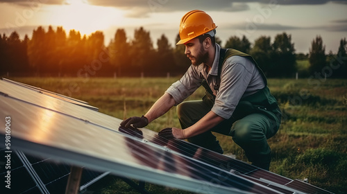 Installation, assembly and tuning of solar panels on a field on a sunset. Engineer, caucasian male worker fixing a panel. Clean, renewable energy concept, Generative AI