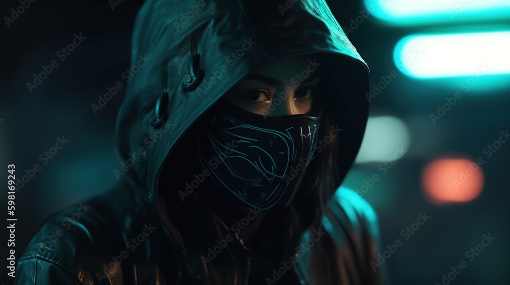 badass woman wearing hooded leather jacket, digital art illustration, Generative AI
