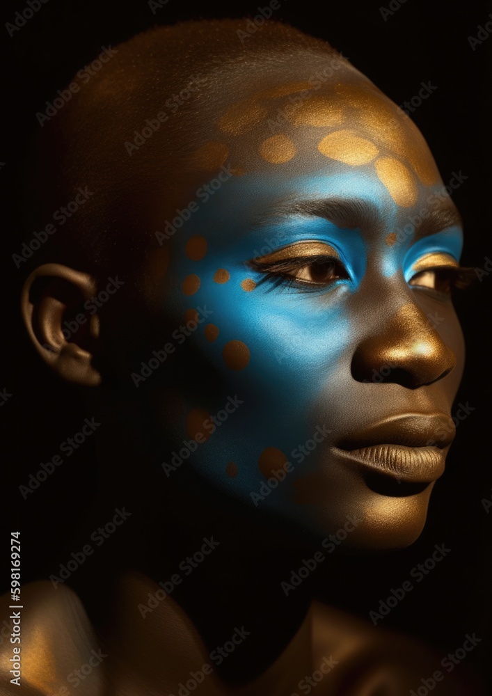 Beautiful closeup portrait render of a black girl, covered in splashes of paint. Generative AI creation. With cinematic lighting and perfect resource for magazine or fashion placement Beautiful closeup portrait render of a black girl, covered in splashes of paint. Generative AI creation. With cinematic lighting and perfect resource for magazine or fashion placement