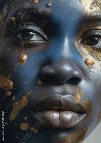 Extreme closeup portrait render of an African girl  covered in splashes of paint. Generative AI creation.  With cinematic lighting and perfect resource for magazine or fashion placement