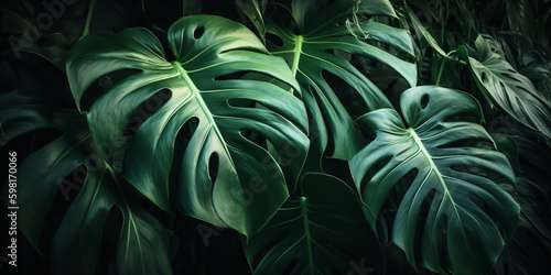 Tropische Blätter Hintergrund. Grüne Blätter der Fensterblatt (Monstera deliciosa ) mit KI erstellt 