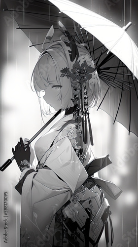 A cute anime-style virtual idol, vtuber, or digital character, female dressed in japanese kimono with bamboo umbrella, AI generative black white image photo