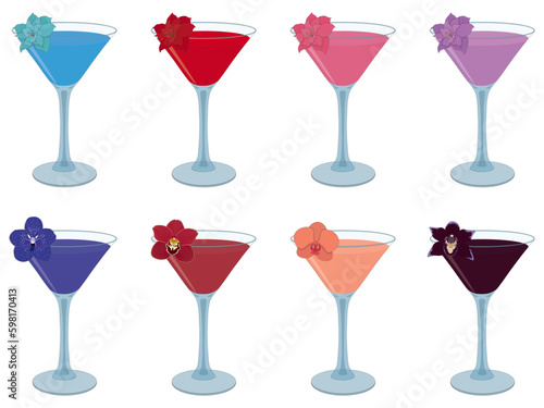 Alcohol cocktails decorated with flower garnish collection vector illustration