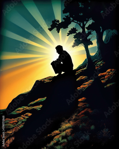 A man kneels on a hillside the suns fading rays casting a shadowy silhouette of his sorrowful figure. Psychology emotions concept. AI generation. Generative AI