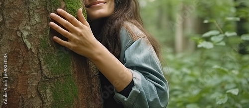 Photographie a young woman hugs a tree. ECO concept. Generative AI