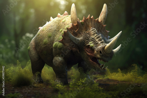 A fierce Triceratops brandishing three deadly horns.. AI generation. Generative AI
