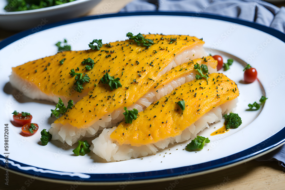 The perfect combination of flavors: Fish in a dish with tasty herbs, fish in a delicious sauce. The perfect combination of flavors: Fish in a dish with tasty herbs, fish in a delicious sauce.