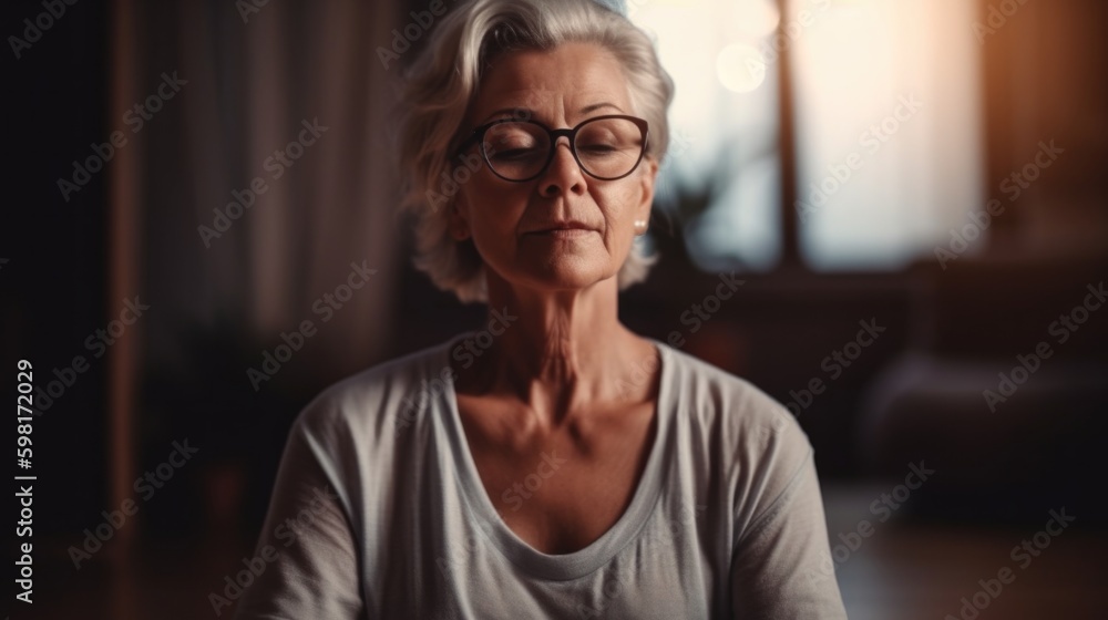 Relaxing the mind and finding inner peace with yoga, Senior woman meditating at home. Generative AI. Relaxing the mind and finding inner peace with yoga, Senior woman meditating at home. Generative AI.