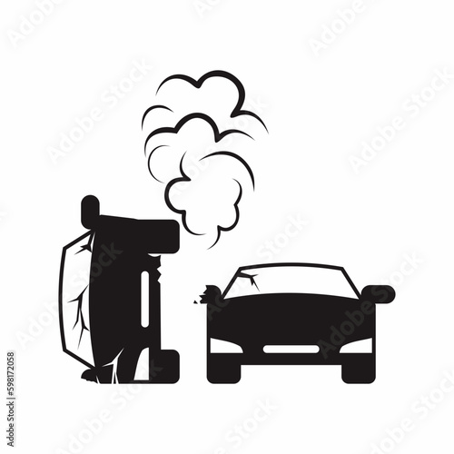 Two car after crash with damaged condition and puff of smoke vector illustration. Eps icon, sign, and symbol.