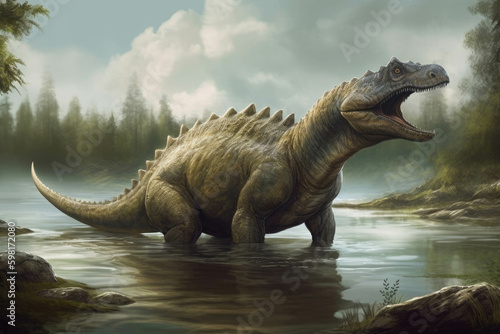 An enormous water dinosaur stretching its massive neck to its prey from the river.. AI generation. Generative AI © Justlight