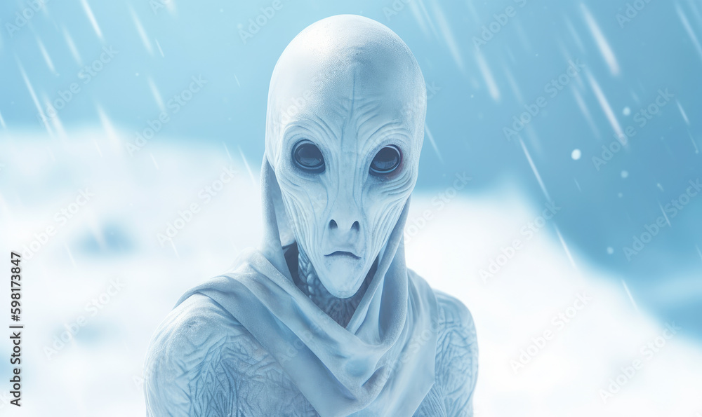 Scary alien in a snowy planet. Generative AI
