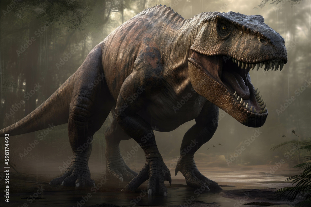 Fototapeta premium A Gigantosaurus with its powerful jaws and immense size.. AI generation. Generative AI