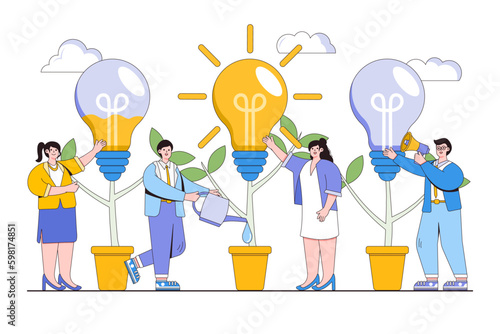 Birth of creative idea concept. Business people grow potted plants. Outline design style minimal vector illustration for landing page, web banner, infographics, hero images