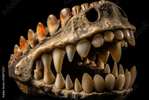 Pointed prehistoric teeth clinging to a powerful and chomping jaw. AI generation. Generative AI