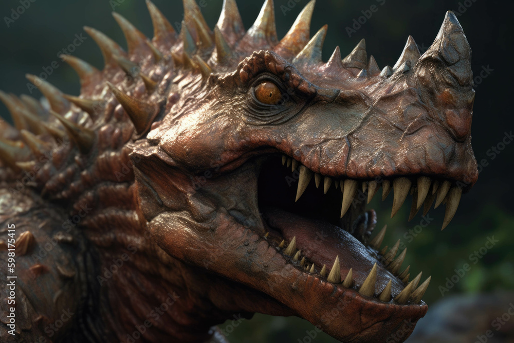 Jagged and jutting dinosaur teeth that curve and curl in all directions. AI generation. Generative AI Jagged and jutting dinosaur teeth that curve and curl in all directions. AI generation. Generative AI