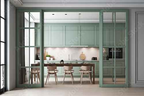 Modern design glass door wall panel between kitchen