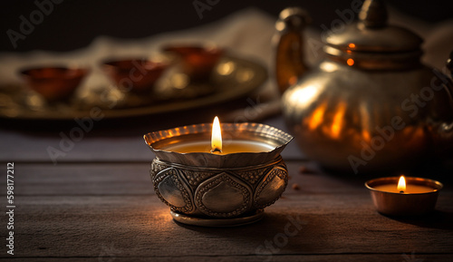 Happy diwali, lantern and india food dishes for background, poster, illustration