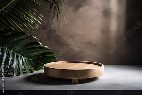 Wallpaper Mural Modern minimal round wooden podium tray on concrete table Torontodigital.ca