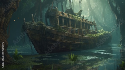 ancient sunken ship in tropical swamp, digital art illustration, Generative AI
