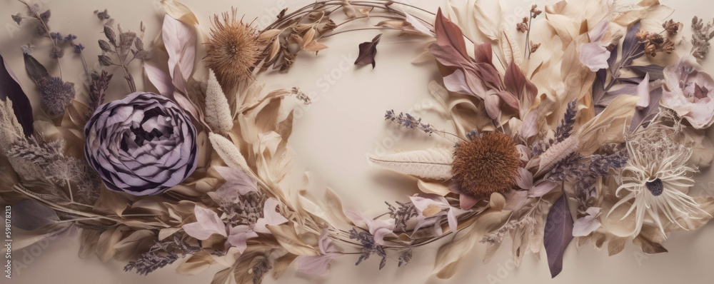 A frame of soft petals encircling a rustic collage of herbs and leaves.. AI generation. Generative AI A frame of soft petals encircling a rustic collage of herbs and leaves.. AI generation. Generative AI