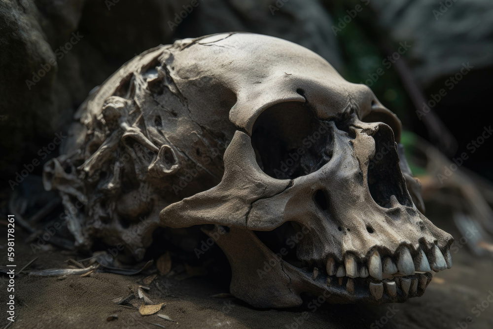 Fototapeta premium Weathered skull of a longgone beast embedded in the craggy cliffside for ages.. AI generation. Generative AI