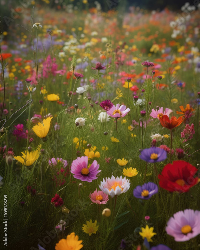 A vibrant meadow alive with petals of various species Abandoned landscape. AI generation. Generative AI © Justlight