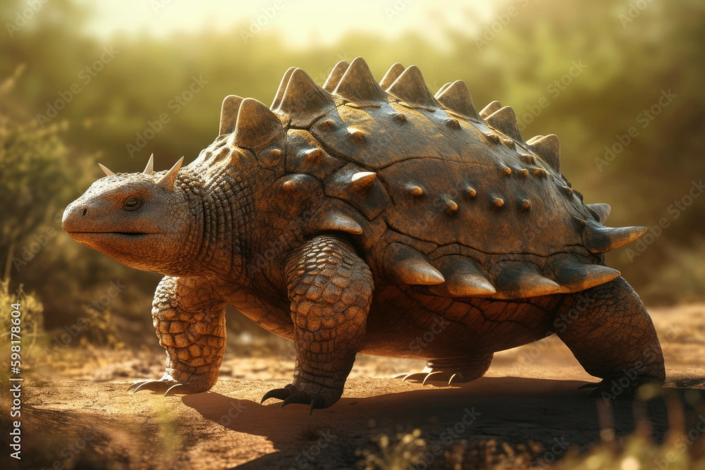 Fototapeta premium An immense ankylosaurus its armorplated body shining beneath the scorching sun lumbering across a barren savanna.. AI generation. Generative AI