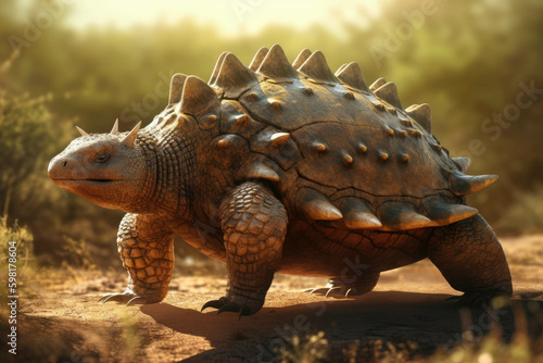 An immense ankylosaurus its armorplated body shining beneath the scorching sun lumbering across a barren savanna.. AI generation. Generative AI photo