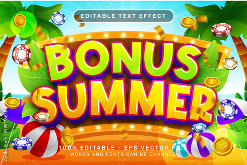 bonus summer 3d text effect and editable text effect with illustration of summer on the beach