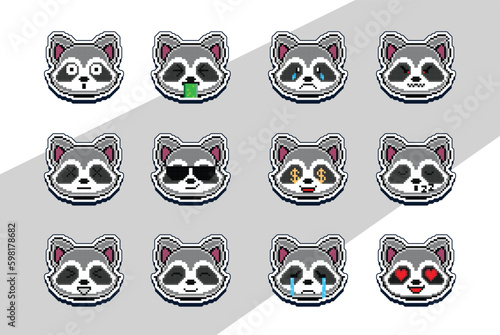 pixel art raccoon face emoji sticker. pixel sticker design