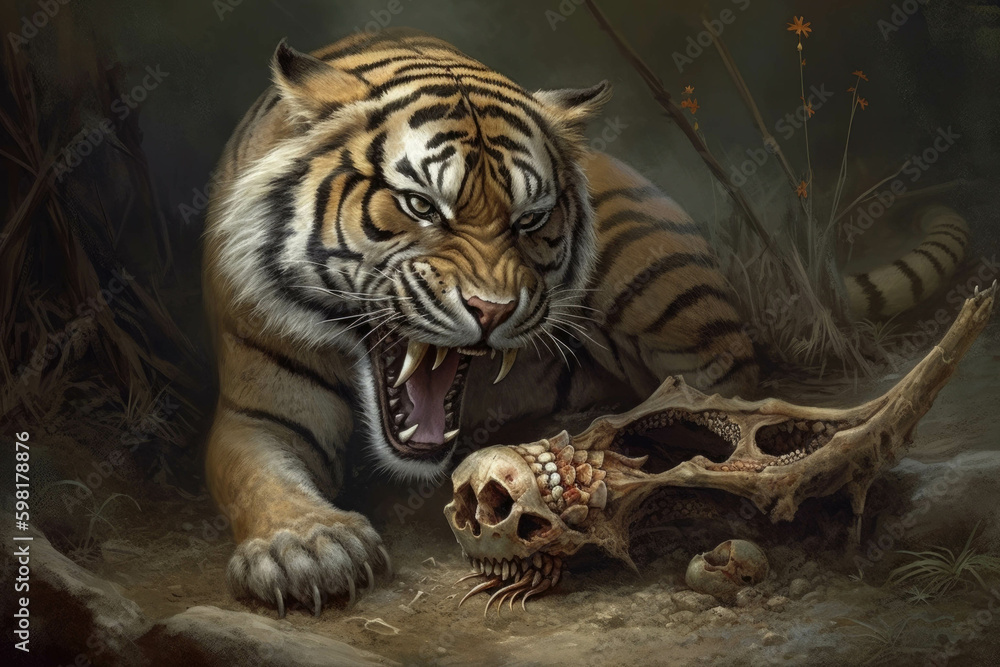 A sabertoothed tiger graciously accepted a gift of succulent prey its fiercely sharp canines through its meal.. AI generation. Generative AI