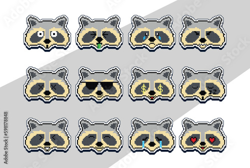 pixel art raccoon face emoji sticker. pixel sticker design